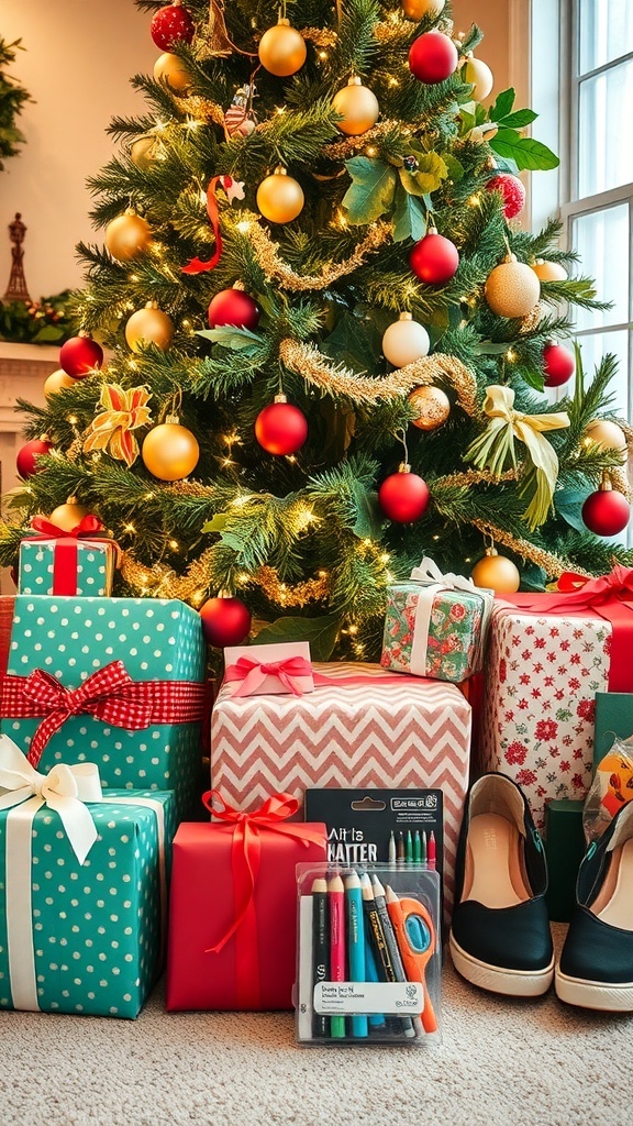 A collection of Christmas gifts for a teenage girl, including clothing, art supplies, and tech gadgets under a Christmas tree.